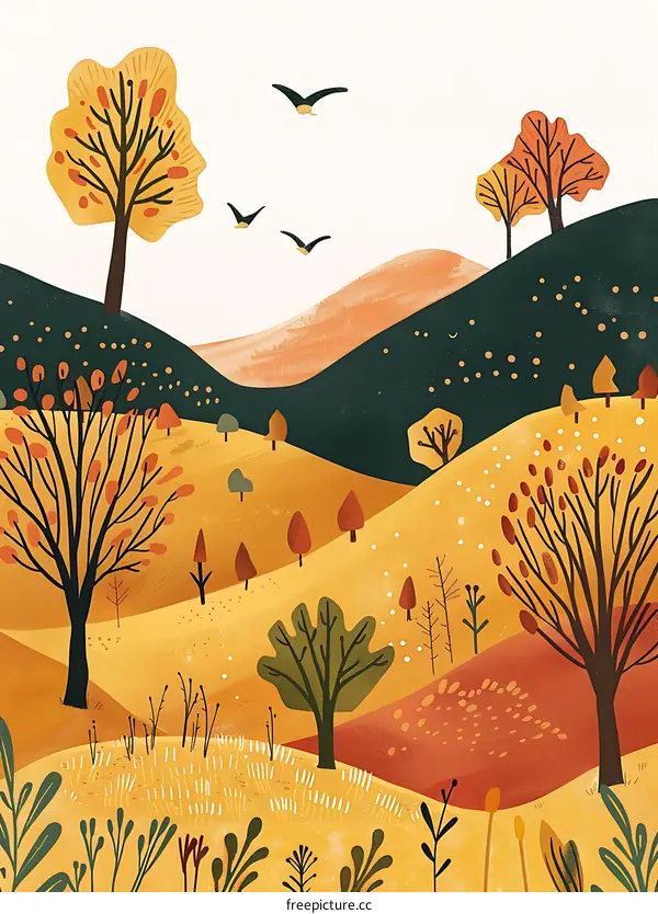 Autumn Landscape with Birds and Trees Illustration