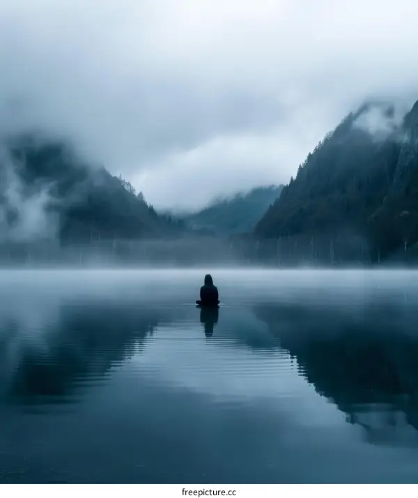 A Solitary Figure Sits in the Middle of a Misty Lake Surrounded by Mountains