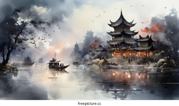 Oriental river town scenery