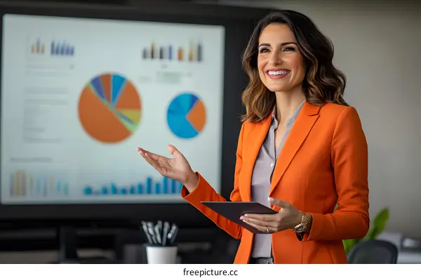 Smiling Businesswoman Giving Presentation With Data
