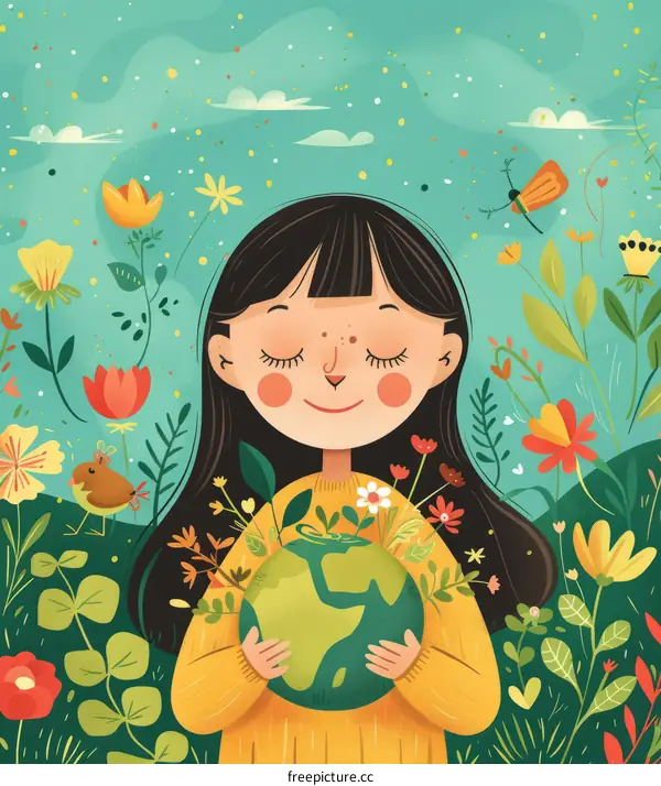 girl holding the earth with flowers and plants around her