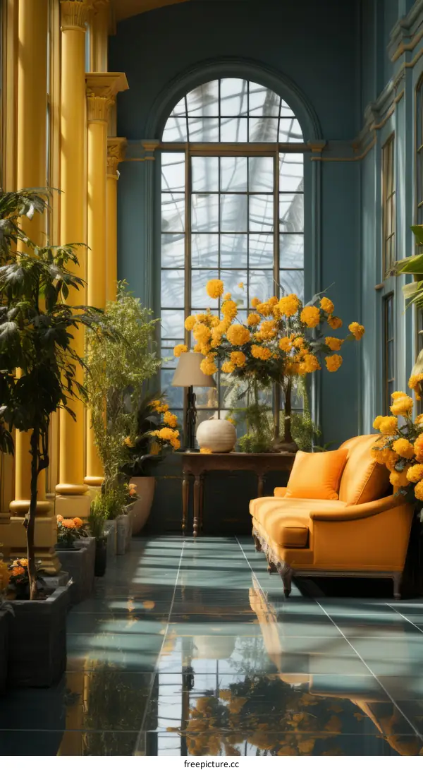 Elegant Yellow Living Room with Ample Sunlight and Verdant Plants