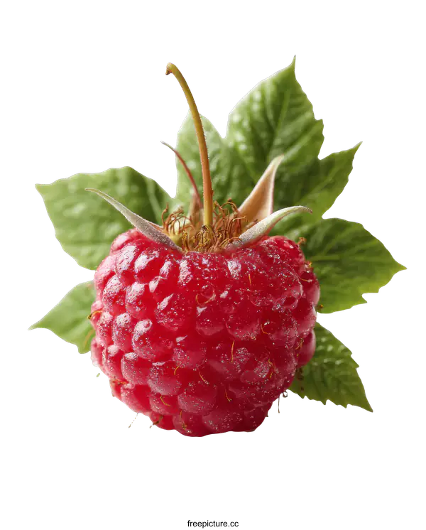 [Transparent Background PNG]Close-up of a Fresh Raspberry with Leaves