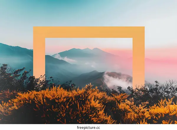 Mountain View With Yellow Flowers And A Frame