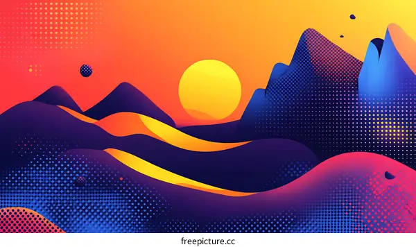 Abstract Sunset Landscape with Mountains and Halftone Dots