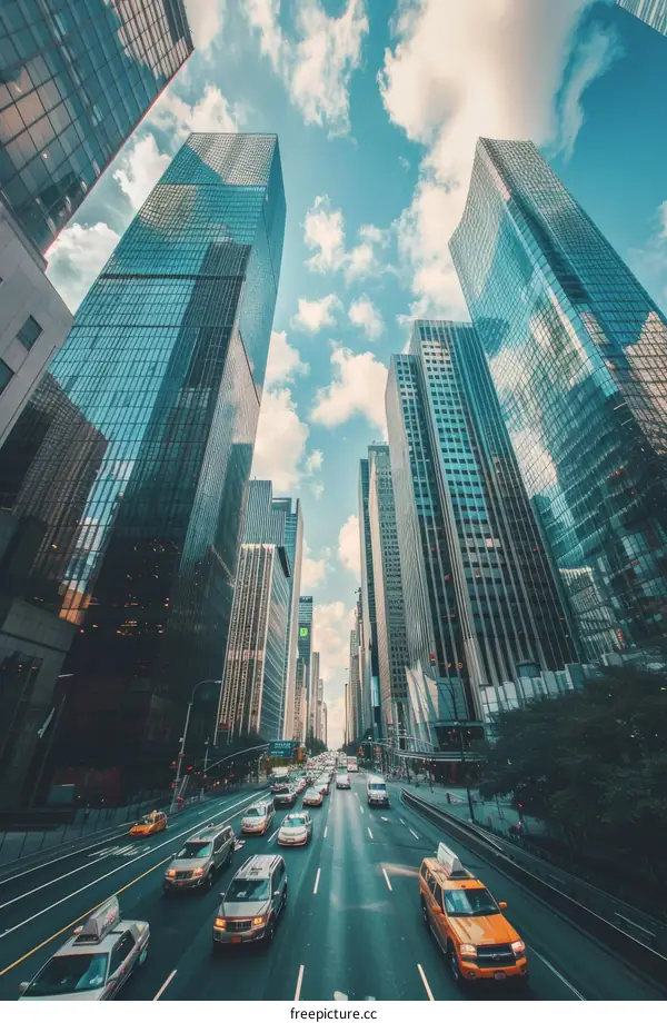Busy Street in New York City with Skyscrapers