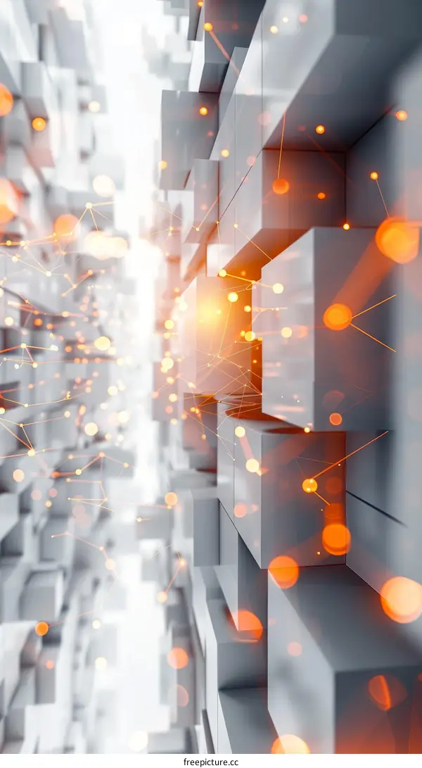 Abstract 3D Rendering of Glowing Cubes and Particles
