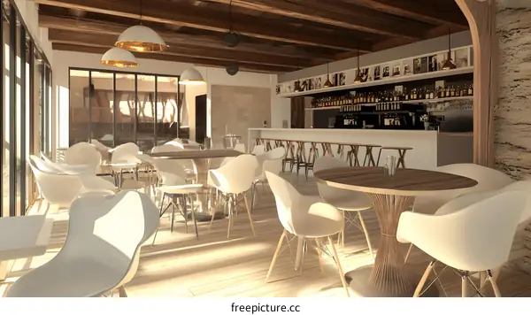 Modern Cafe Interior Design with Wooden Ceiling and White Chairs