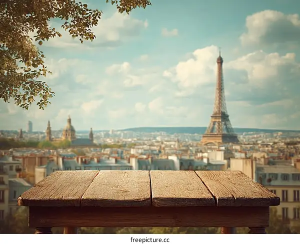 Paris Skyline View from Wooden Tabletop