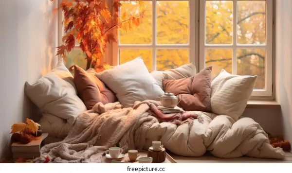 Cozy autumn home interior with pillows, blankets and tea