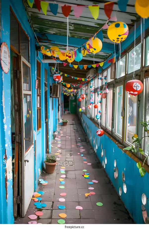 Colorful Decorated Hallway with Lanterns and Flags