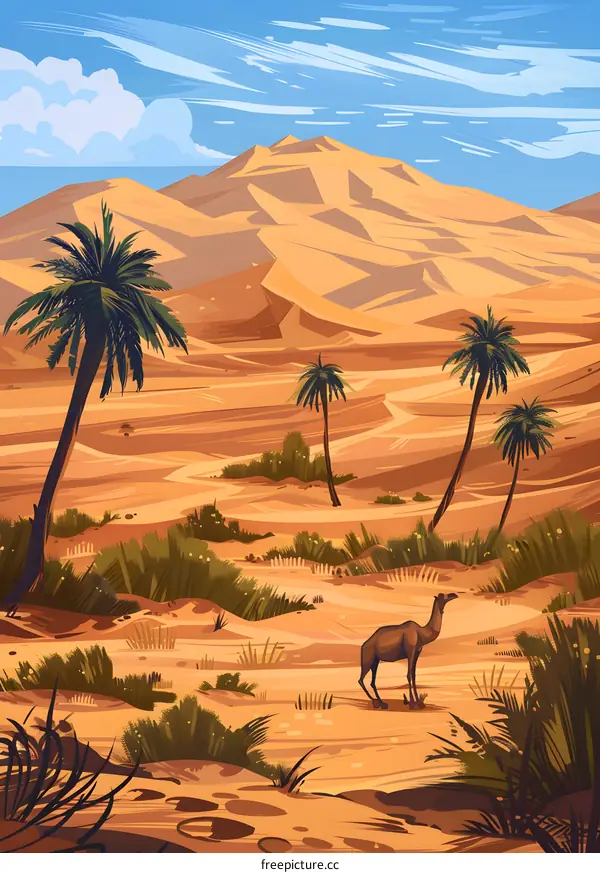 Desert Landscape with Palm Trees and Camel