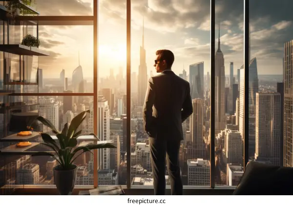 Businessman looking at the cityscape from the office window