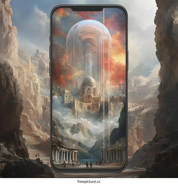 Fantasy Cityscape Illustration on Smartphone Screen