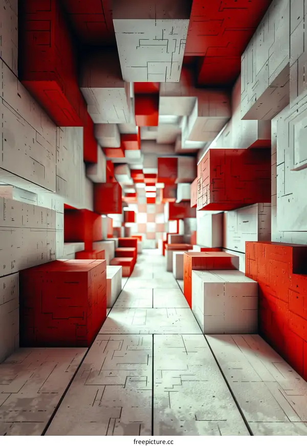 Futuristic Sci-Fi Red and White Geometric Shapes Tunnel Corridor