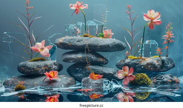 Orchid Reflections: Glass, Water, and Rock