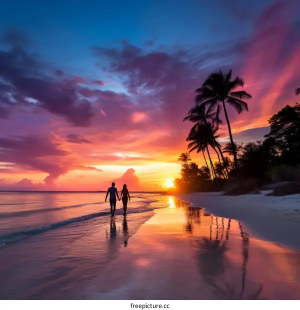 Couple walking on the beach at sunset