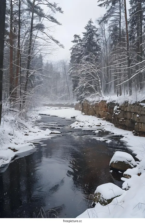 Winter River Scene with Snow Covered Banks