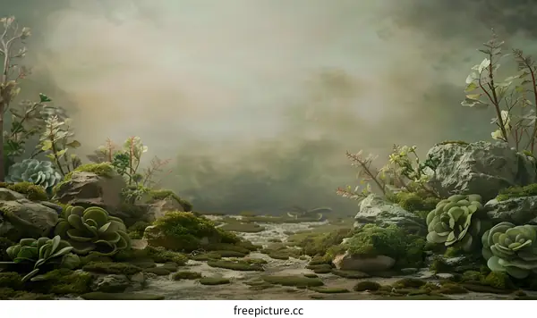 Green Moss and Succulents in a Misty Forest Setting