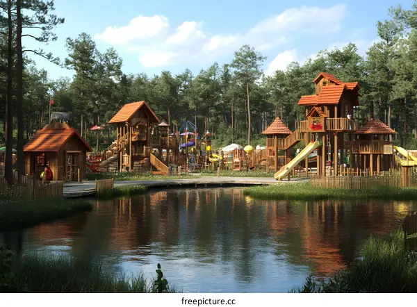 Wooden Playground with a Pond and Forest Background