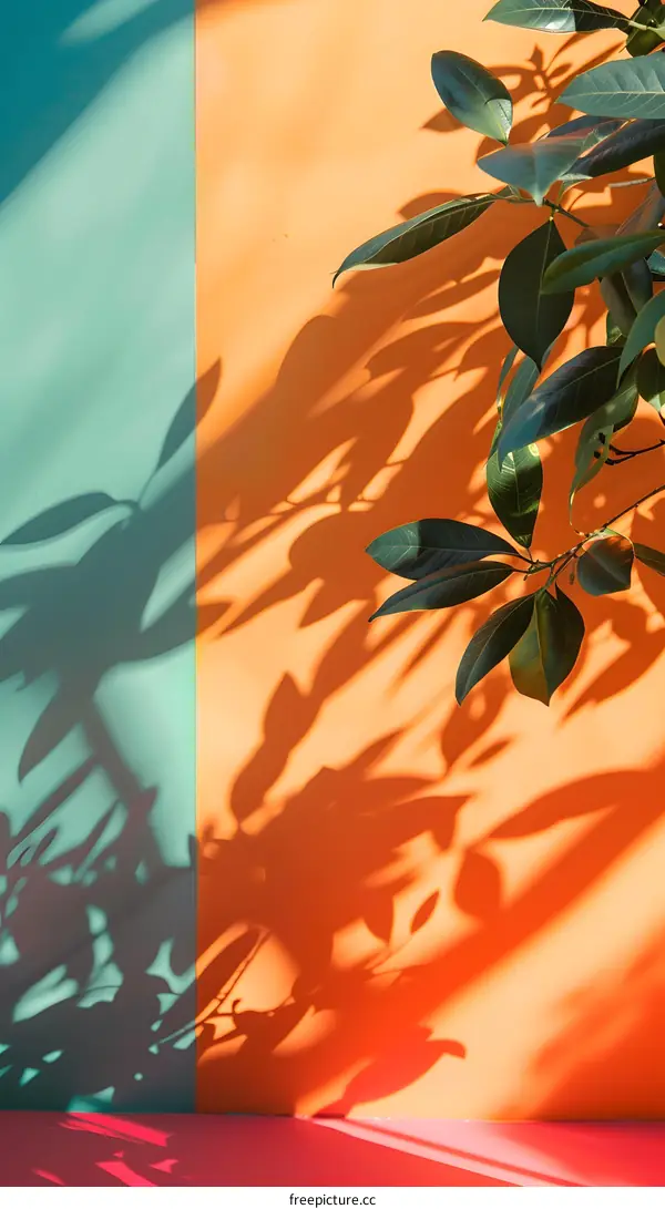 Green Leaves Shadow on Orange and Blue Wall