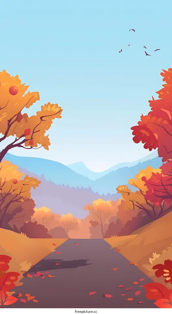 Autumn Road Landscape With Red And Yellow Trees