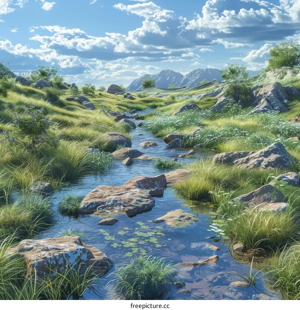 River Flowing Through a Grassy Plain with Rocks and Mountains