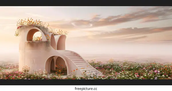 Abstract Architecture with Staircase and Flowers