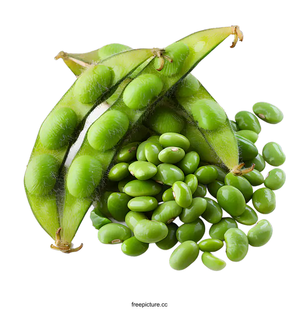 [Transparent Background PNG]Fresh green soybeans in pods and scattered