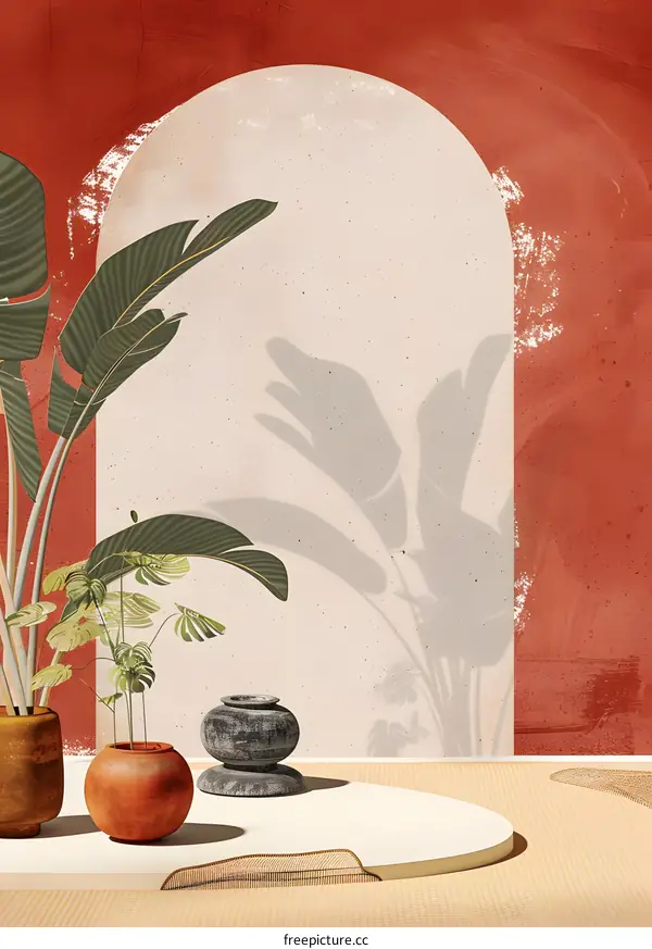 Minimalist Interior Design with Tropical Plants and Red Wall