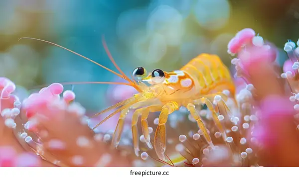 A tiny shrimp nestles on a flower-like anemone