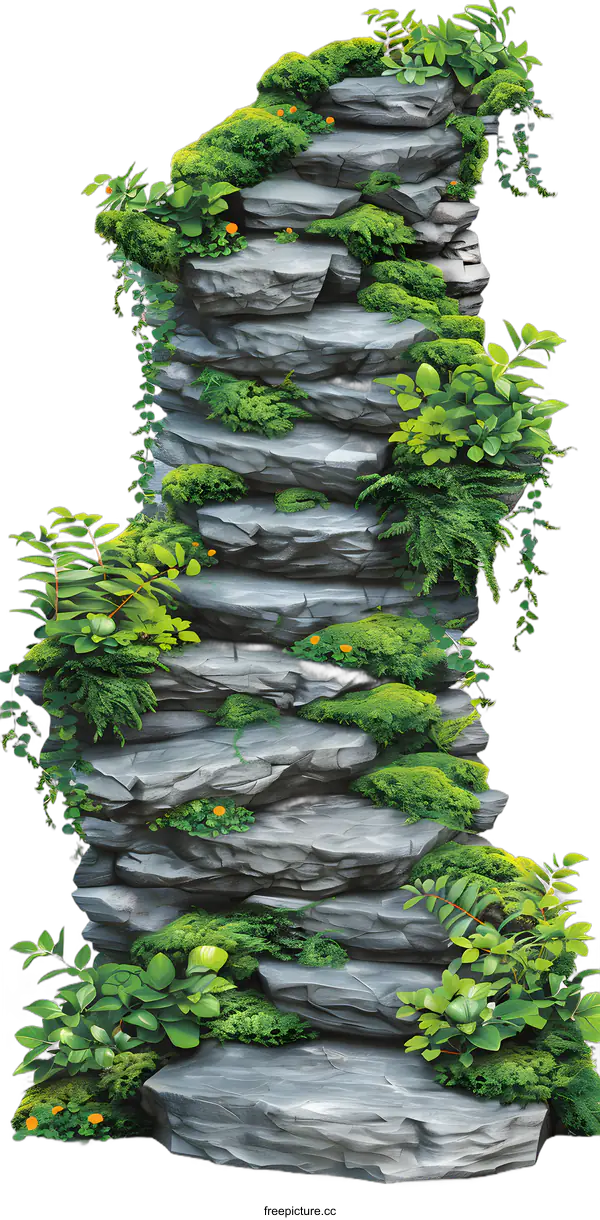 [Transparent Background PNG]Green Mossy Stone Stack Isolated on White Background