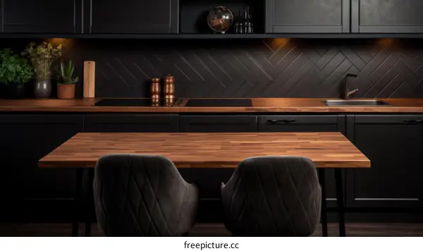 Dark and moody kitchen with wood table and chairs
