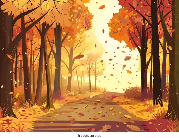 Autumn Forest Path with Falling Leaves