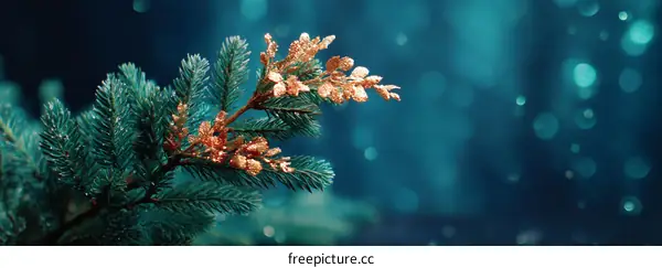 Closeup of Christmas Tree Branch with Decorative Flowers