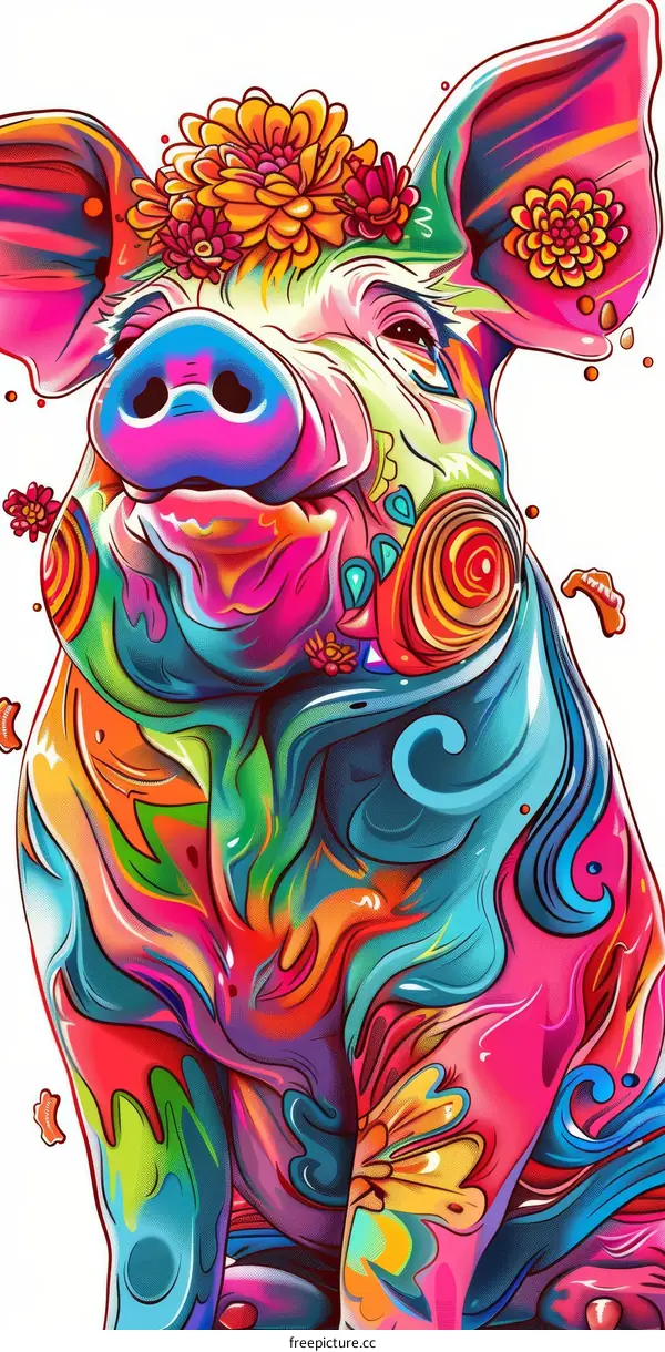 Whimsical Pig with Floral Crown and Vibrant Colors