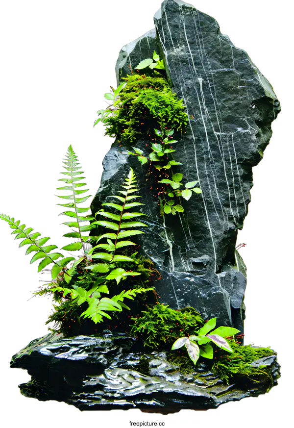 [Transparent Background PNG]Green Ferns and Moss Growing on a Grey Rock