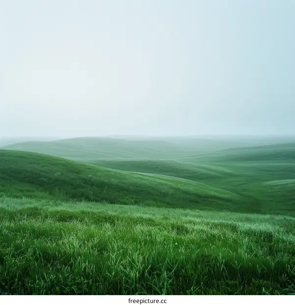 Serene Green Hills Under a Foggy Sky