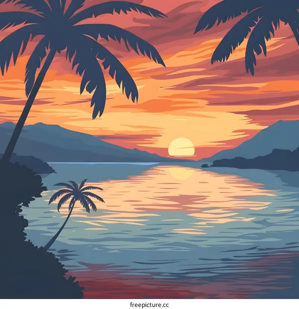 Tropical Sunset Landscape With Palm Trees