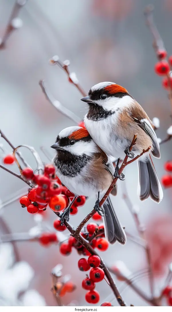 Two birds on a branch with red berries