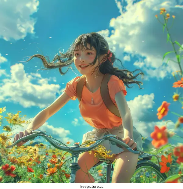 Happy Girl Cycling Through a Colorful Flower Field