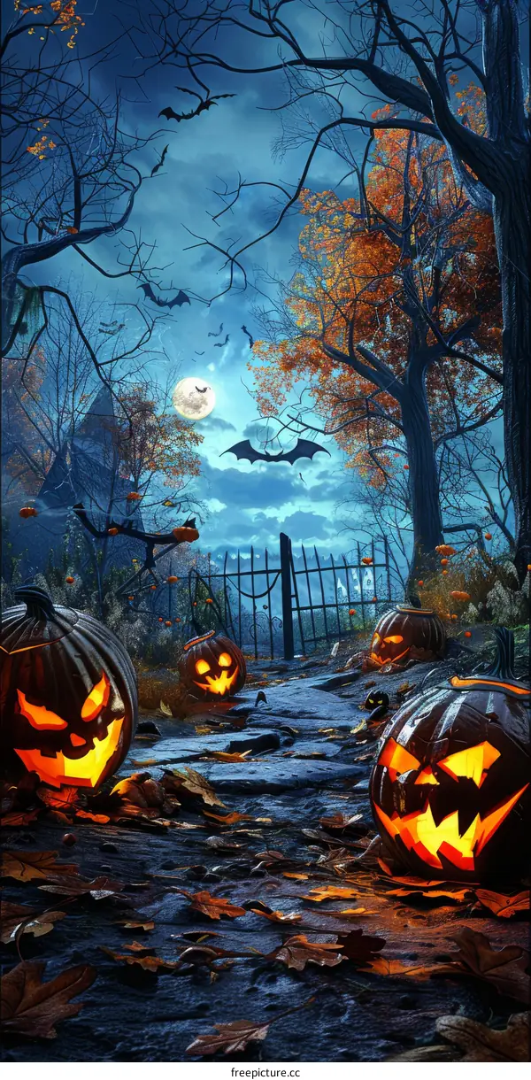 Spooky Halloween Night with Pumpkins and Bats