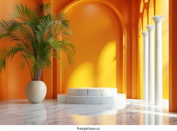 Minimalist 3D Render of a White Marble Pedestal With Palm Tree in a Yellow Room
