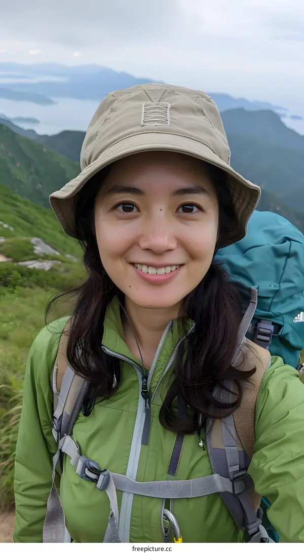portrait of a young asian woman hiking in the mountains