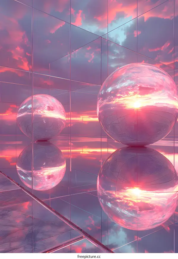Spheres reflecting a pink sunset