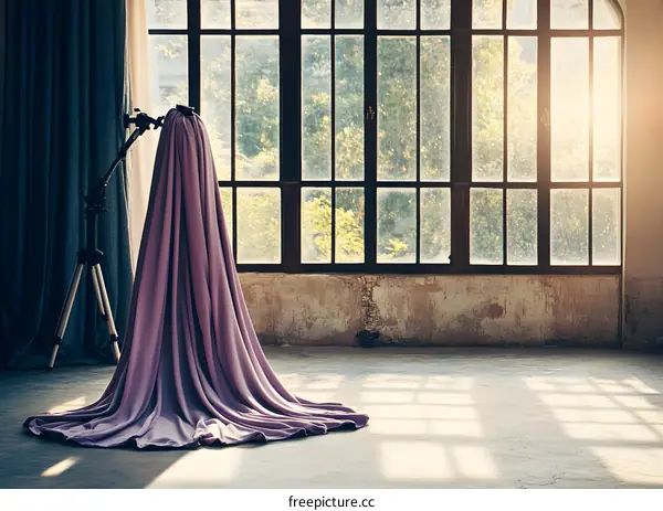 Purple Fabric Draped Over Tripod in Industrial Room