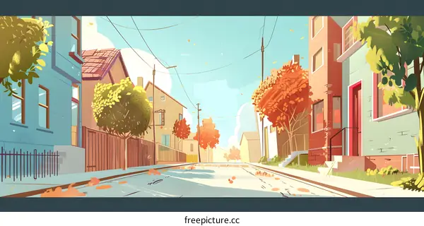 Autumn Street Illustration, Colorful Illustration Of A Street, Sunny Autumn Day Street