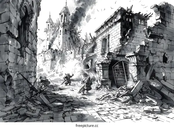 Black and White Illustration of a City in Ruins with Two Men Fighting