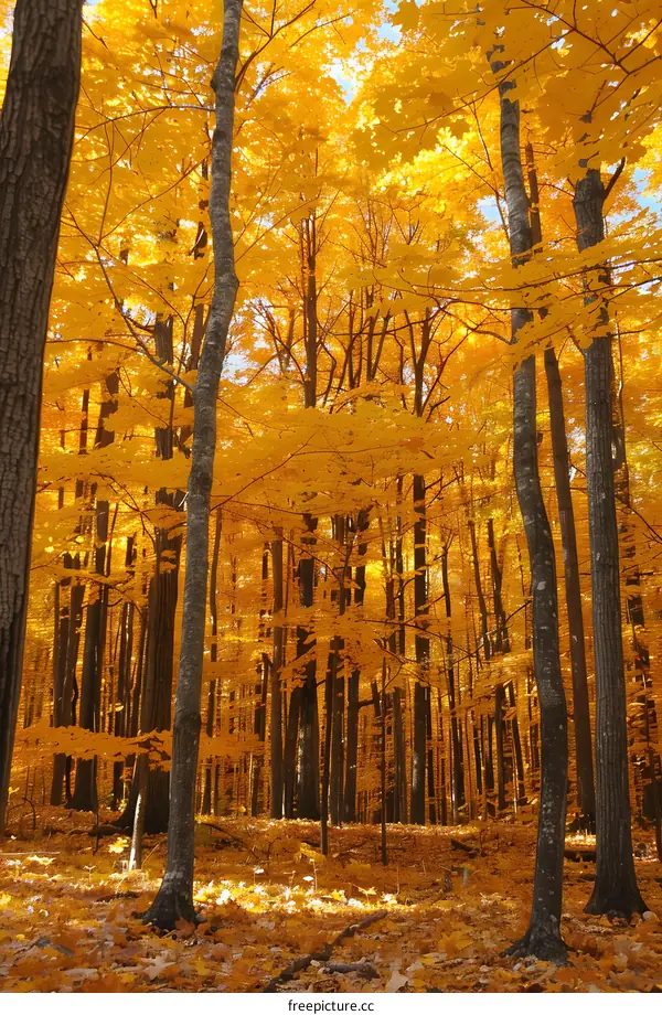 trees in a forest with yellow leaves in autumn
