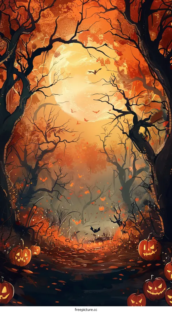 Mystical moonlit forest with pumpkins and bats